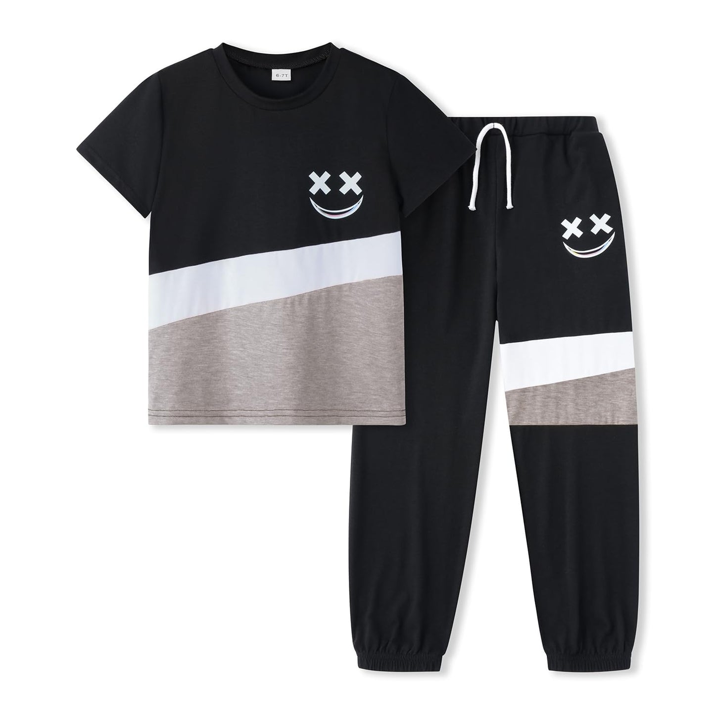 Black, gray, and white t-shirt and pants set with smiley face designs on a white background