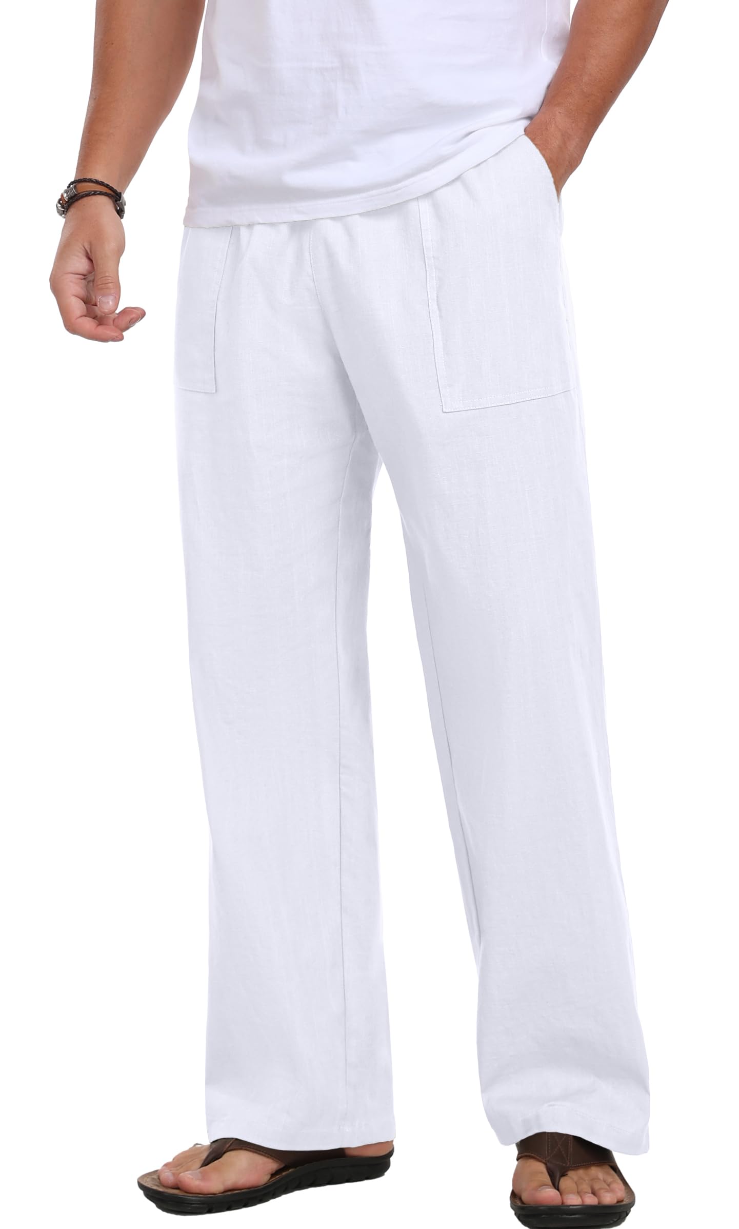 Sailwind Men's Casual Linen Pants Beach Summer Elastic Waist Drawstring Pants Lightweight Linen Trousers White