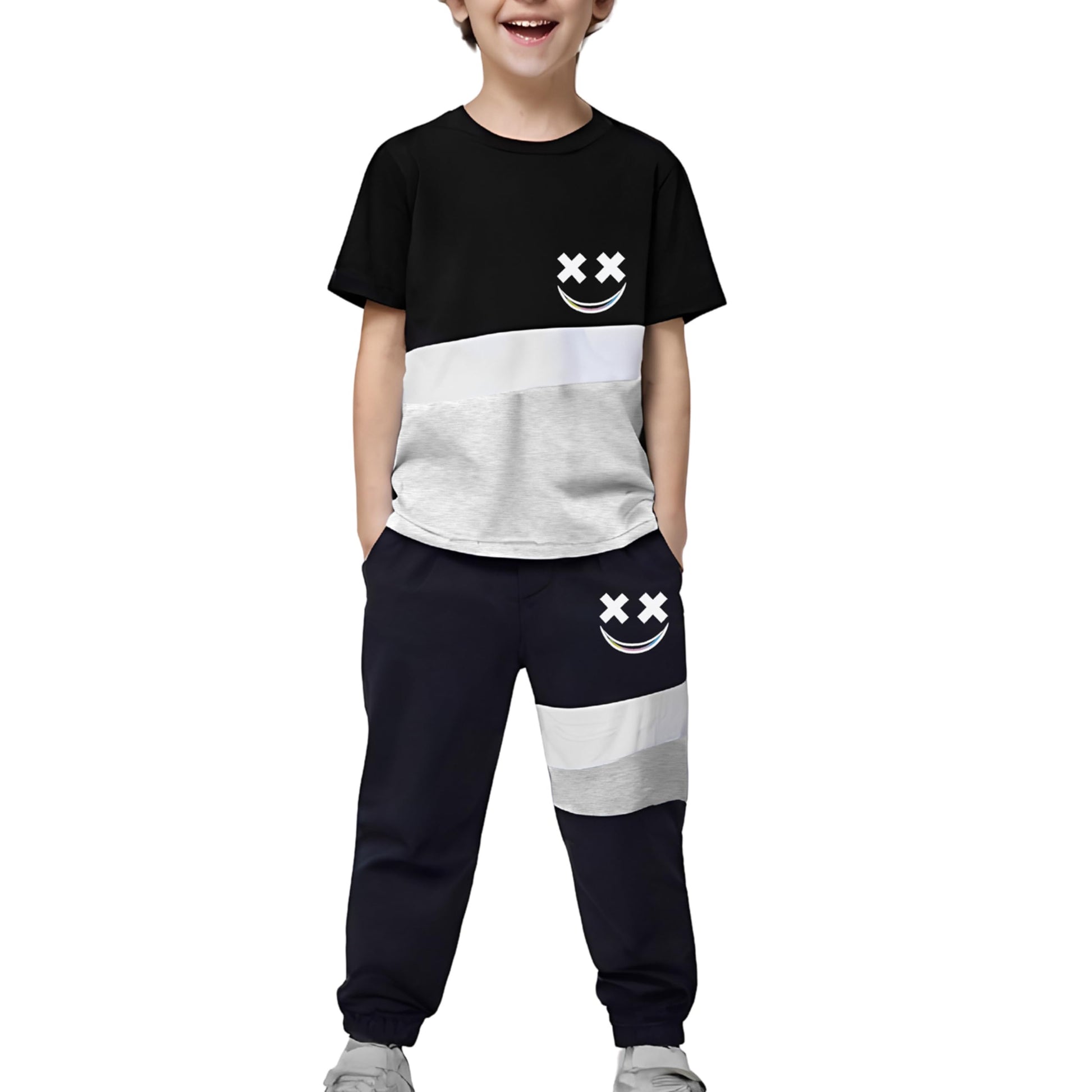 Child wearing a black, white, and navy outfit with smiley face designs on a white background