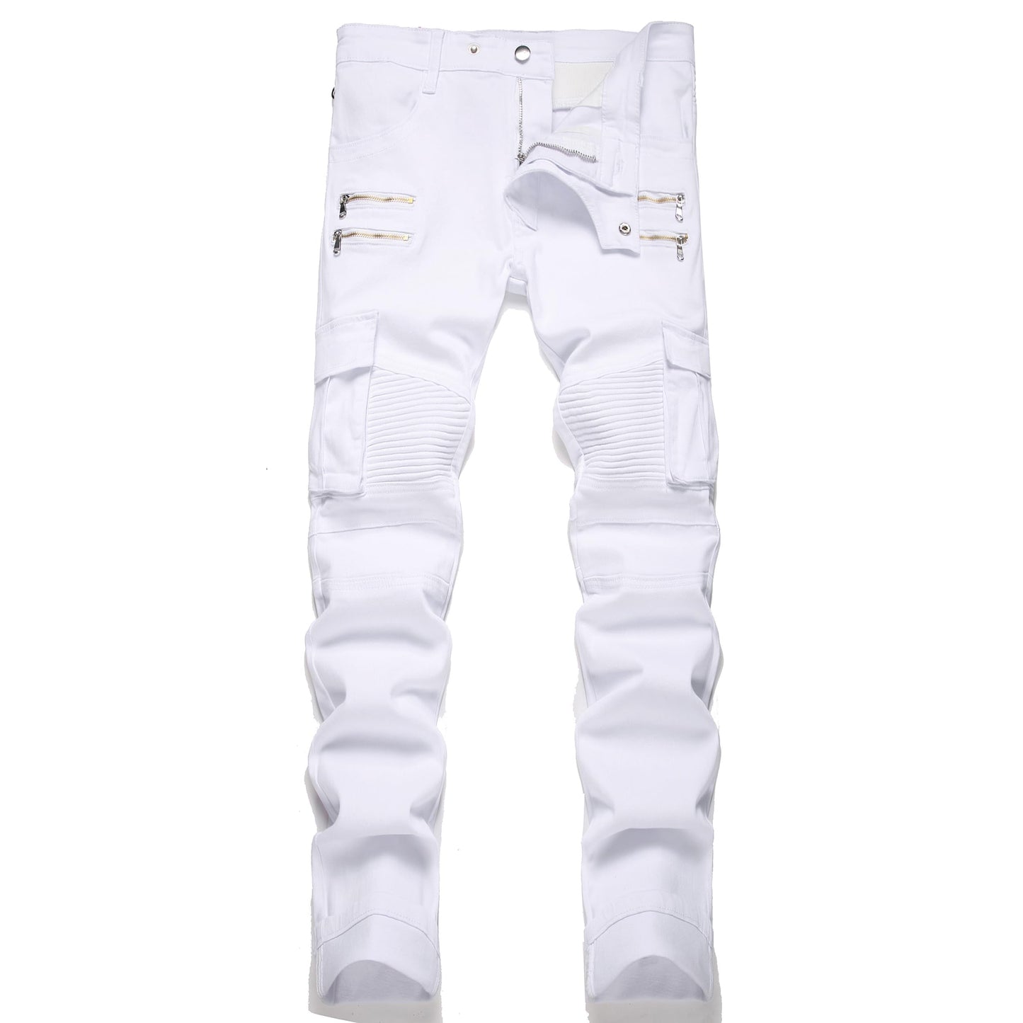 AITITIA Men's Biker Zipper Deco Washed Straight Fit Jeans (40, 002 Light Blue)