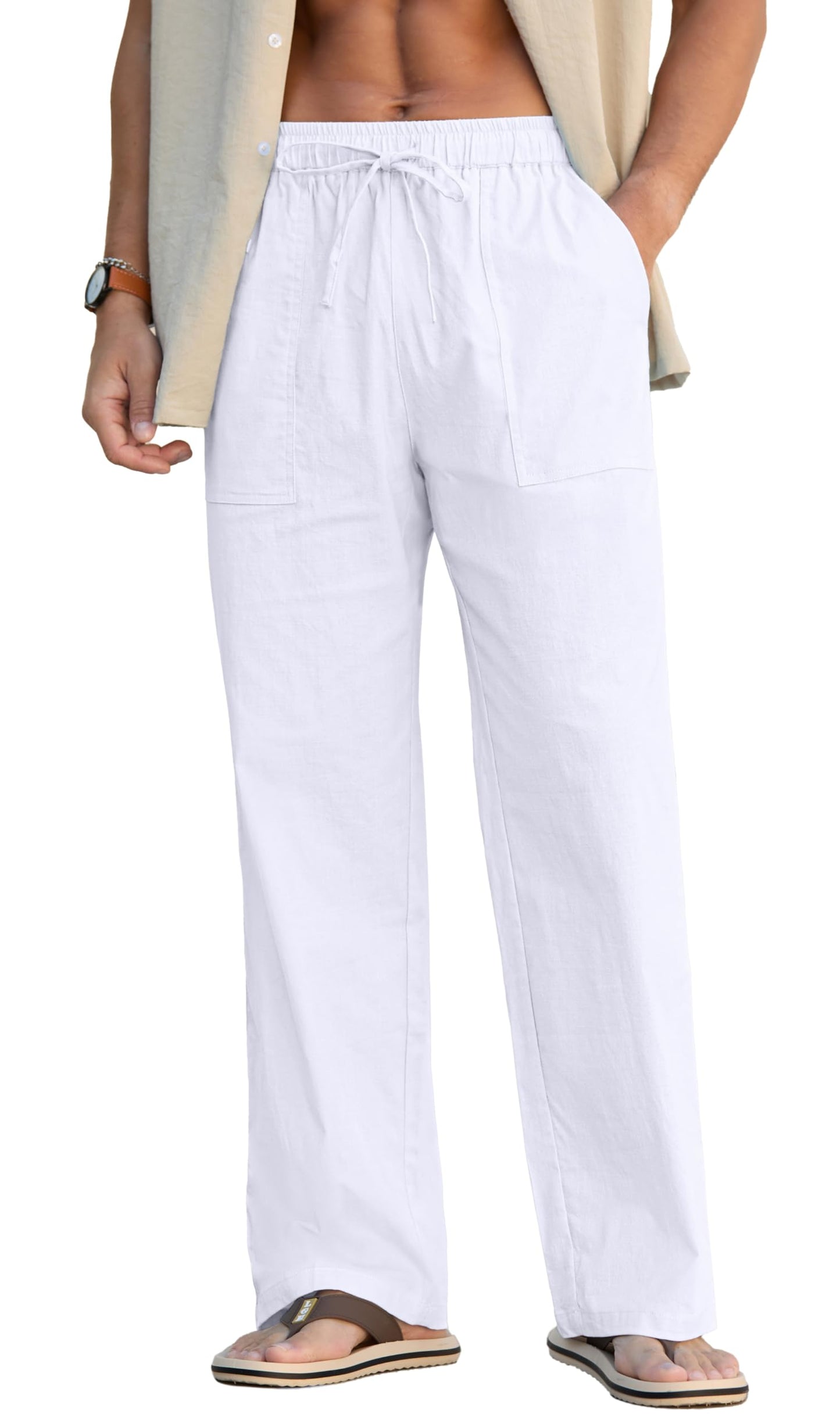 Sailwind Men's Casual Linen Pants Beach Summer Elastic Waist Drawstring Pants Lightweight Linen Trousers White
