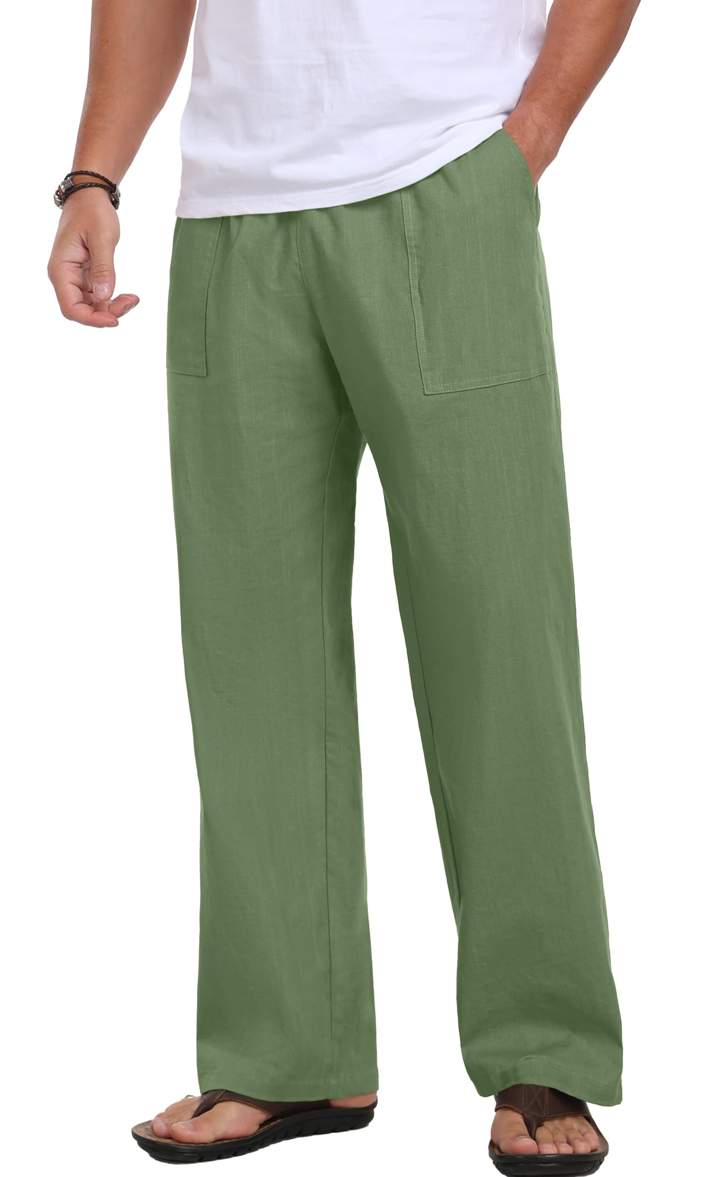 Sailwind Men's Casual Linen Pants Beach Summer Elastic Waist Drawstring Pants Lightweight Linen Trousers White