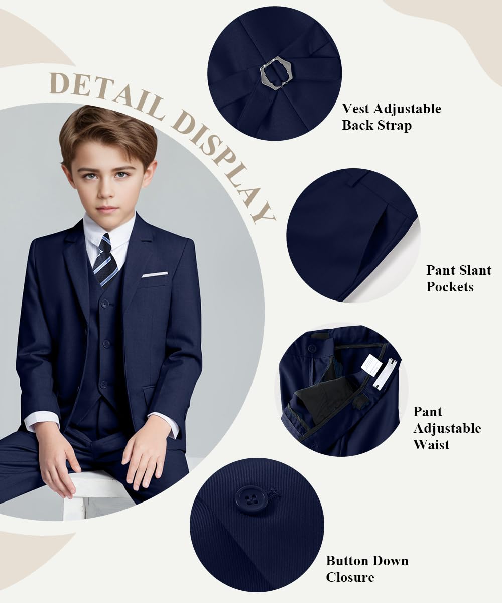 Visaccy Suit for Boys 5 Pieces Kids Tuxedo Boy Suits Slim Fit Suits Outfit for Wedding Navy Blue Size 20