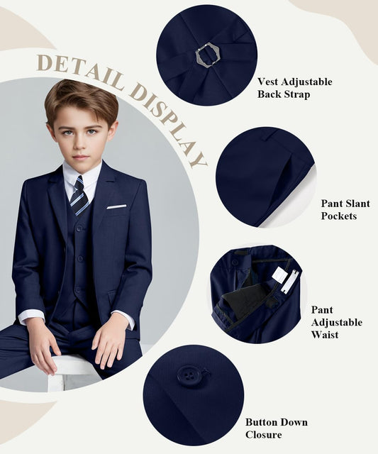 Visaccy Suit for Boys 5 Pieces Kids Tuxedo Boy Suits Slim Fit Suits Outfit for Wedding Navy Blue Size 20