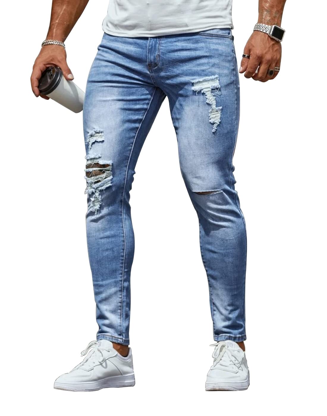 HUNGSON Men's Ripped Skinny Jeans Stretchy Slim Fit Jeans Pants for Men