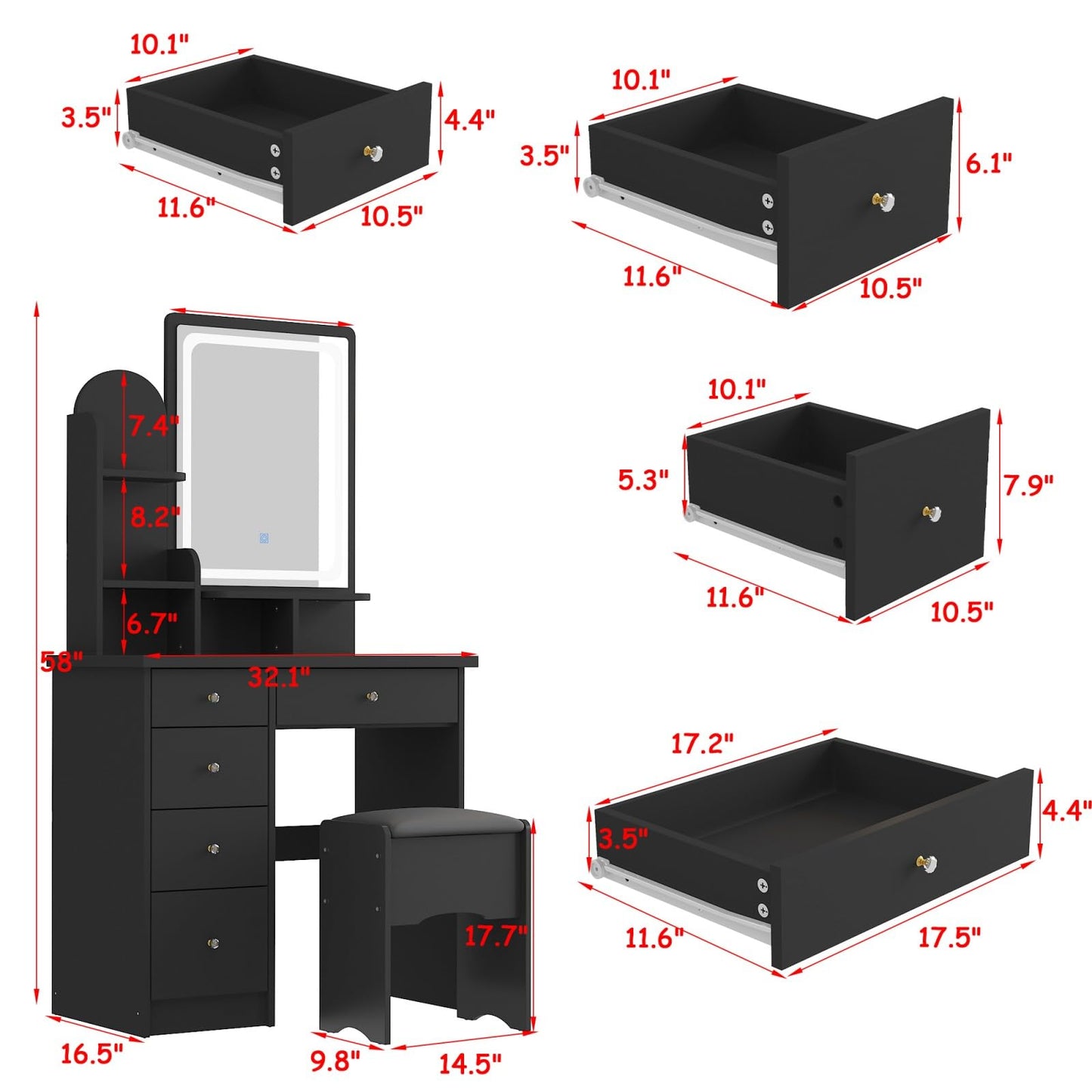 Black vanity set with dimensions labeled