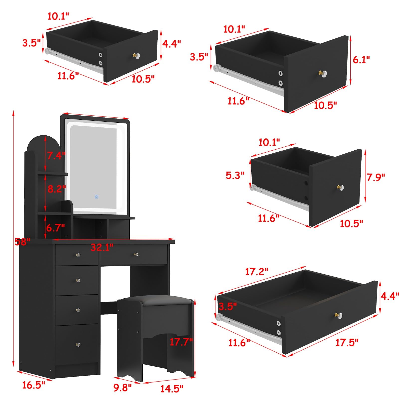 Black vanity set with dimensions labeled