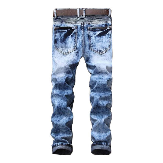 AITITIA Men's Biker Zipper Deco Washed Straight Fit Jeans (40, 002 Light Blue)