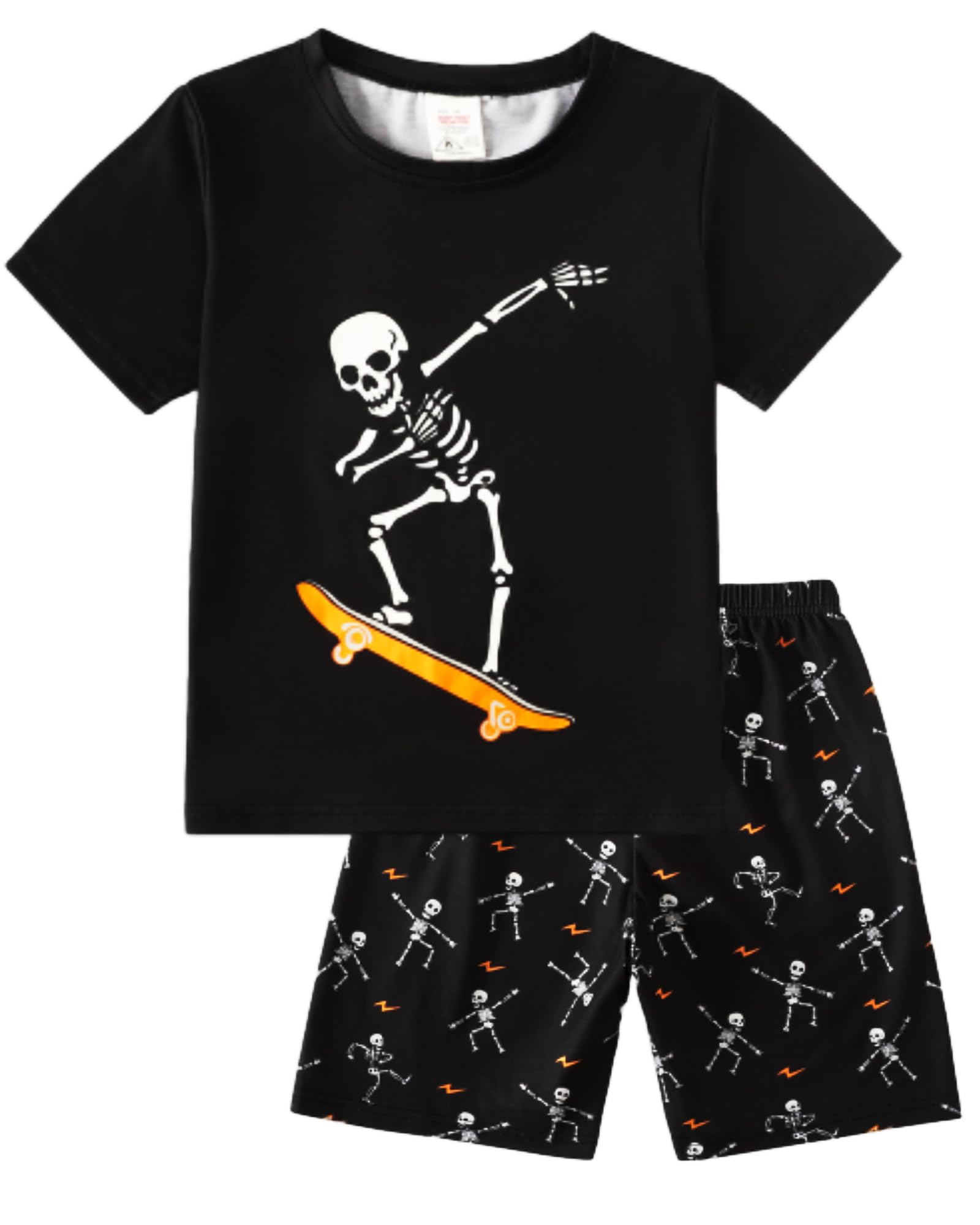MyFav Big Boys Glow in Dark Skull Pjs Sleepwear Summer Pajama Shorts Sets, Skateboard, 14 Years