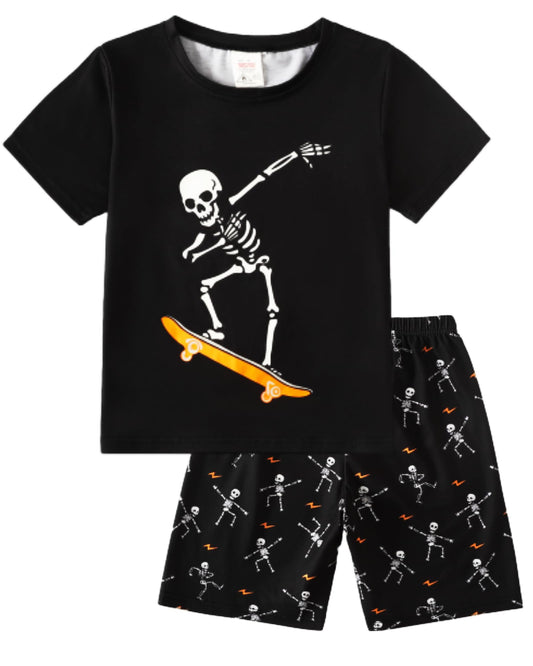 MyFav Big Boys Glow in Dark Skull Pjs Sleepwear Summer Pajama Shorts Sets, Skateboard, 14 Years