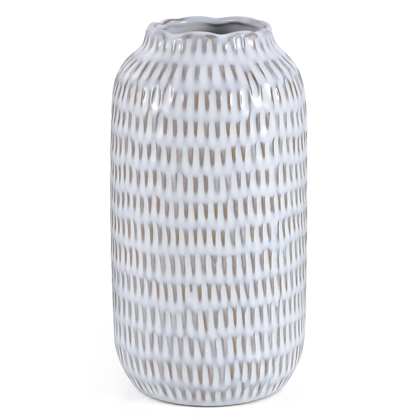 Ceramic Vase for Flowers – Modern Small Ribbed Textured Flower Vase for Home Decor, Pampas Grass, Decorative, Farmhouse, Coffee Table, Kitchen Centerpieces, Bookshelf and Home Living (White)