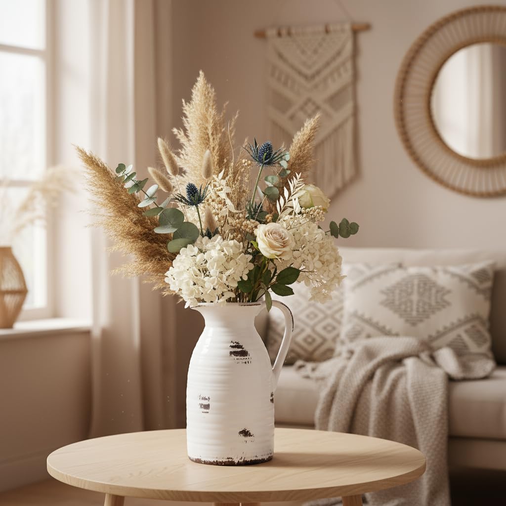 Decorative vase with flowers on a table in a cozy living room.