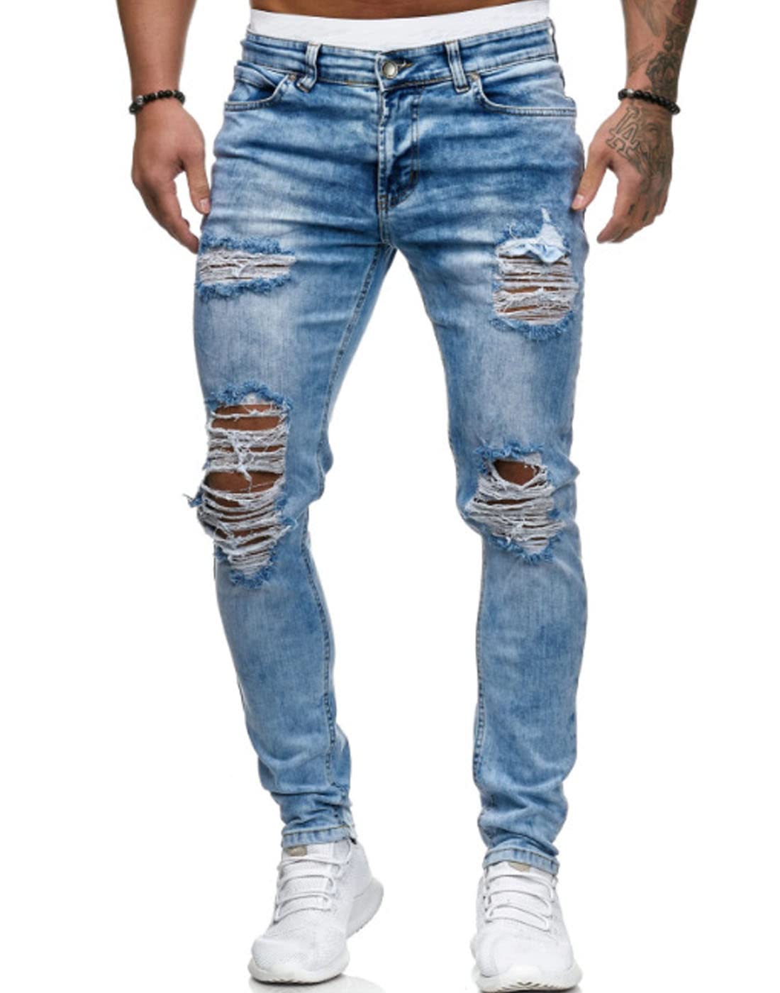 HUNGSON Men's Ripped Skinny Jeans Stretchy Slim Fit Jeans Pants for Men