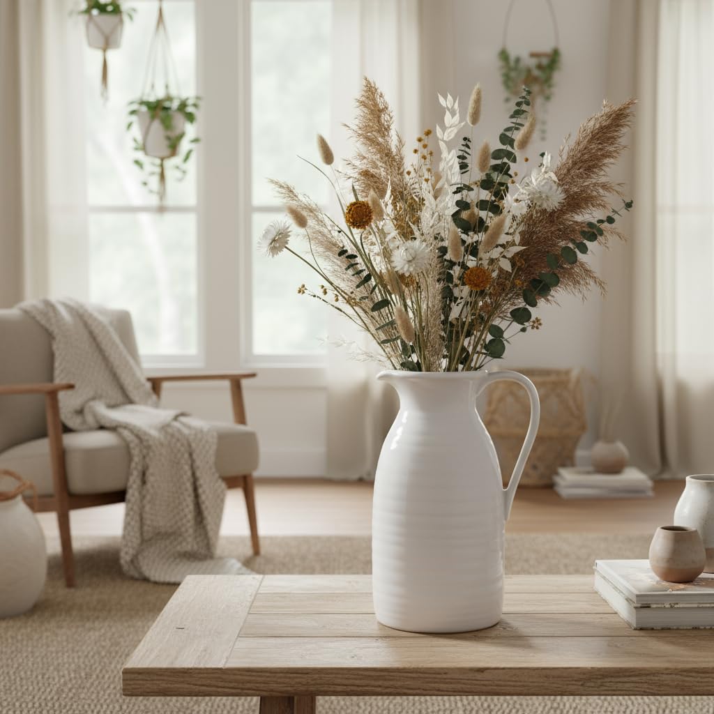White vase with dried flowers on a wooden table in a cozy living room.