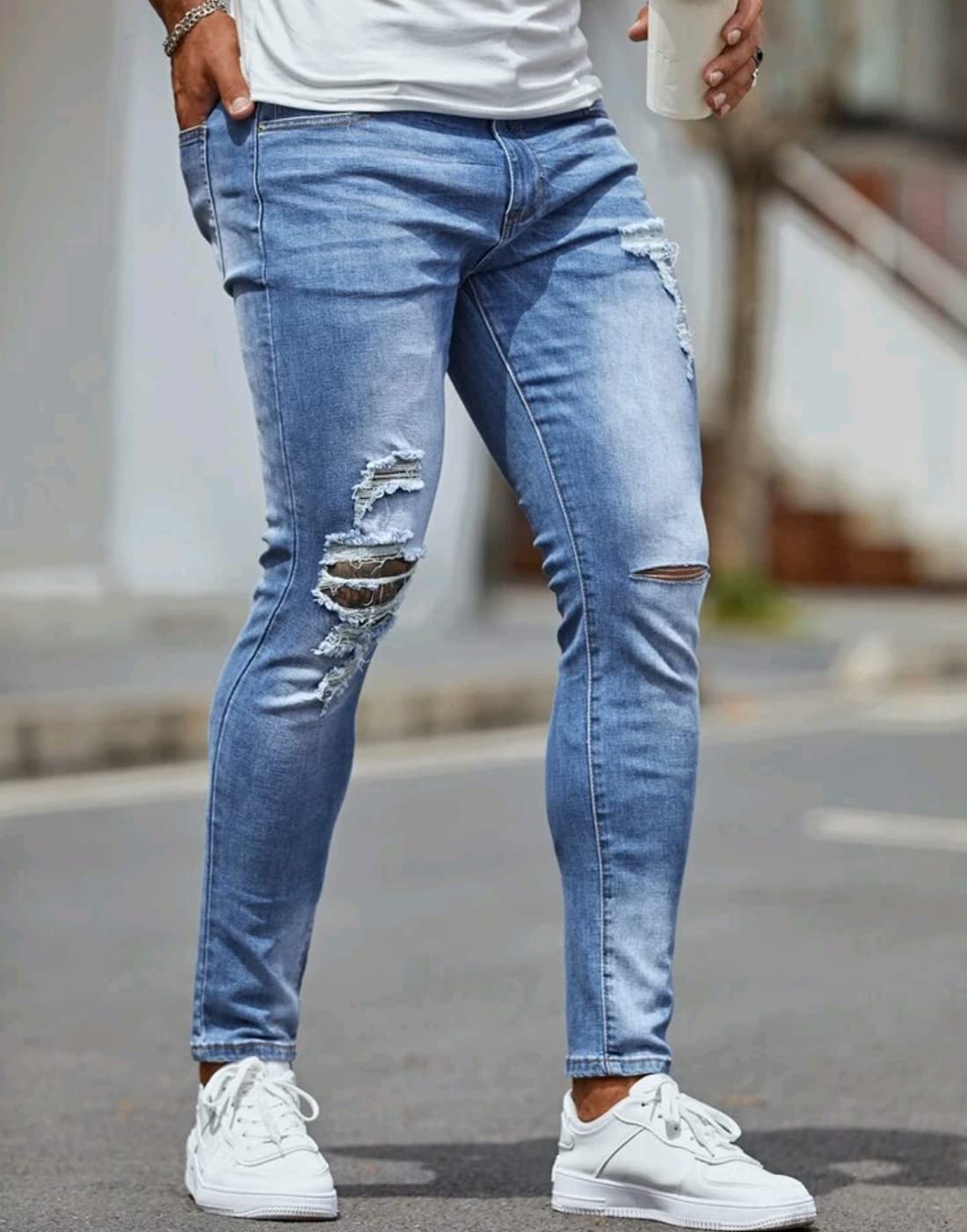 HUNGSON Men's Ripped Skinny Jeans Stretchy Slim Fit Jeans Pants for Men