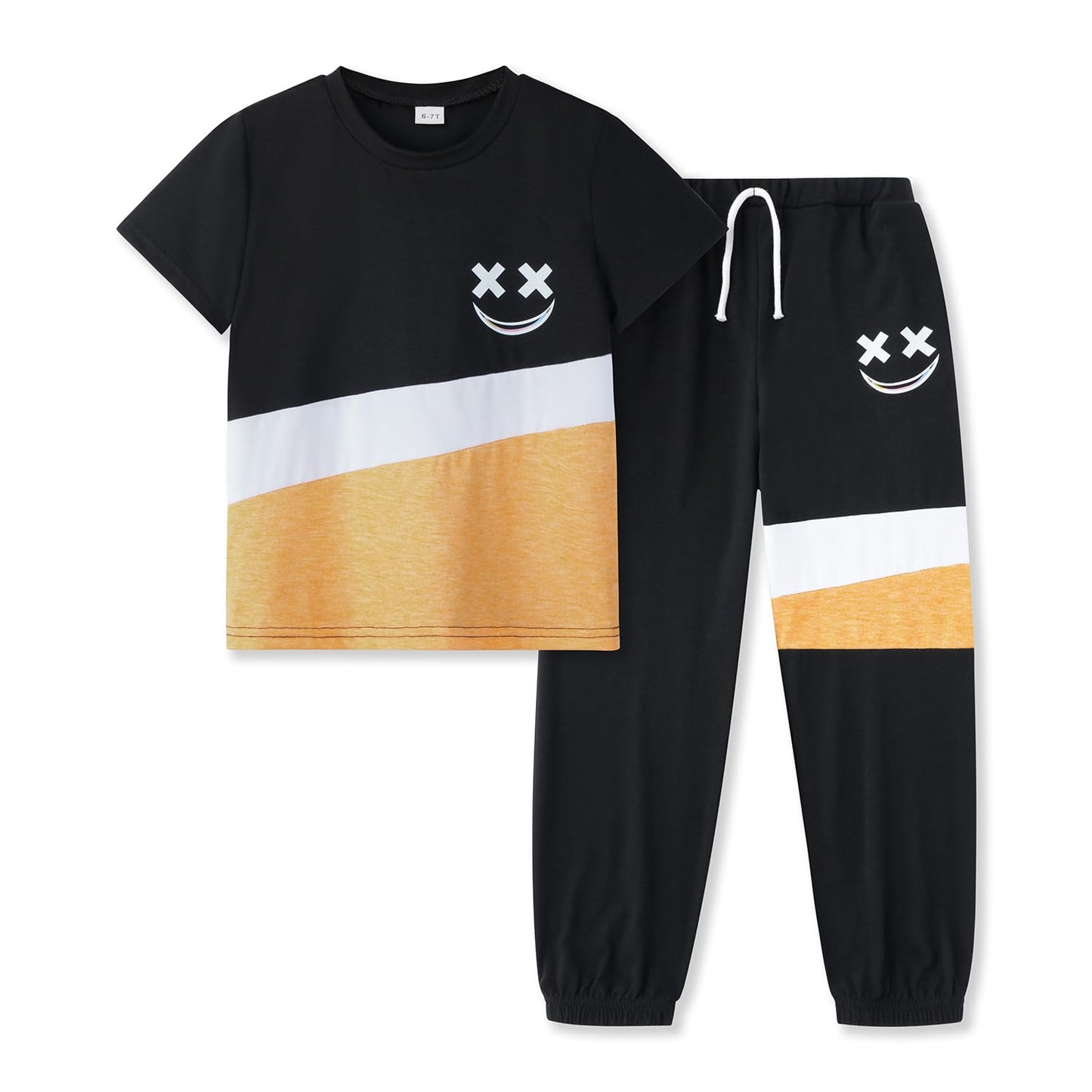 Black and orange outfit with smiley face design on a white background
