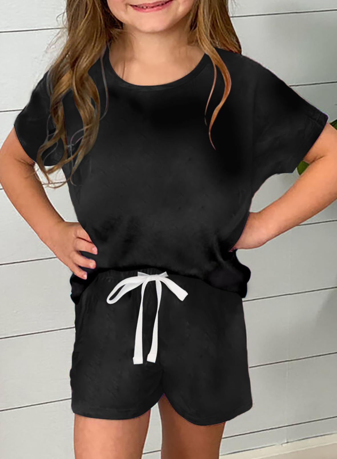 Dokotoo Girls Summer Cute T-Shirt Shorts Outfits Set Short Sleeve Tops Tee Clothes Crew Neck Tie Dye Stretchy Drawstring Waist Shorts with Side Pockets Size 8-9 Sky Blue