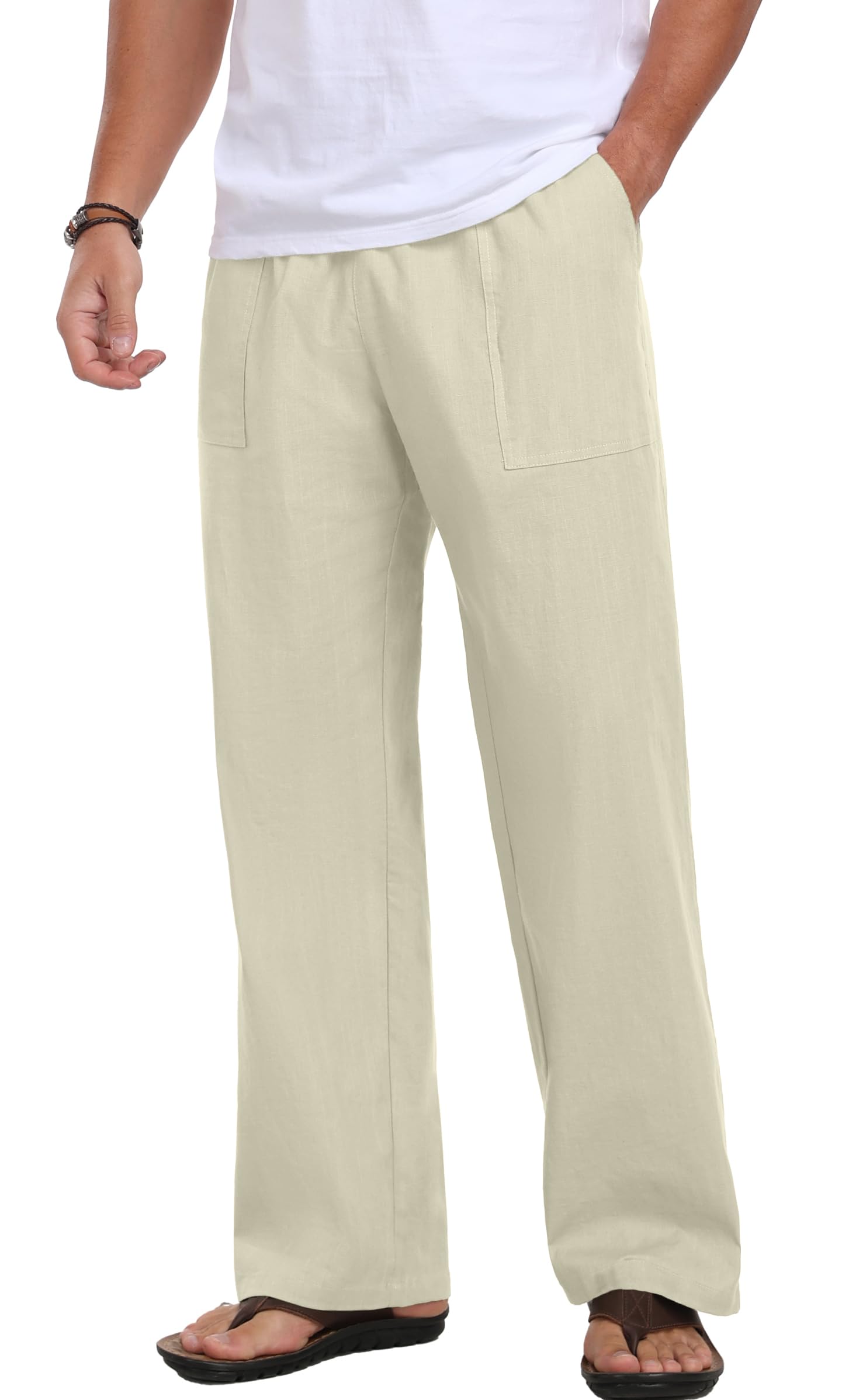 Sailwind Men's Casual Linen Pants Beach Summer Elastic Waist Drawstring Pants Lightweight Linen Trousers White