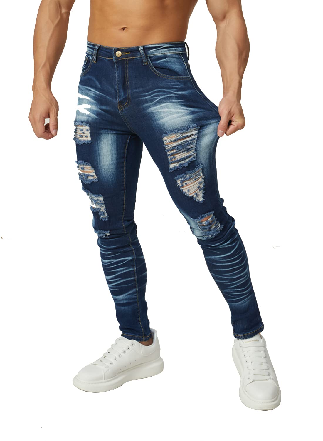 HUNGSON Men's Ripped Skinny Jeans Stretchy Slim Fit Jeans Pants for Men