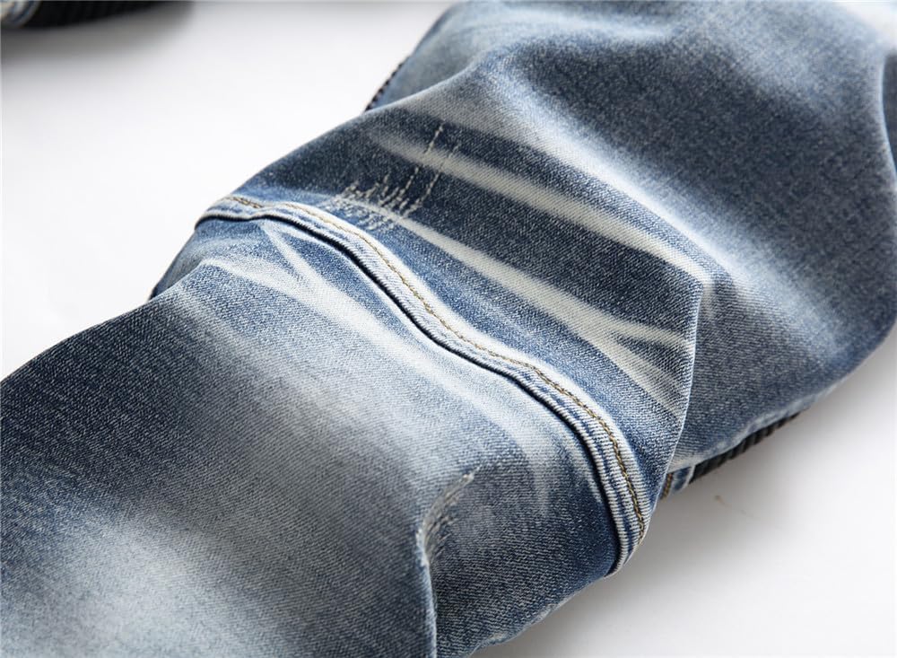 AITITIA Men's Biker Zipper Deco Washed Straight Fit Jeans (40, 002 Light Blue)