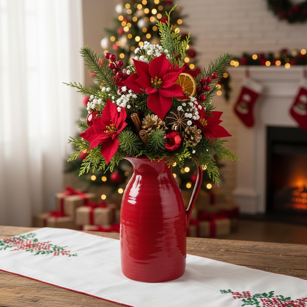 Decorative Christmas flower arrangement in a red vase on a table with a festive background.