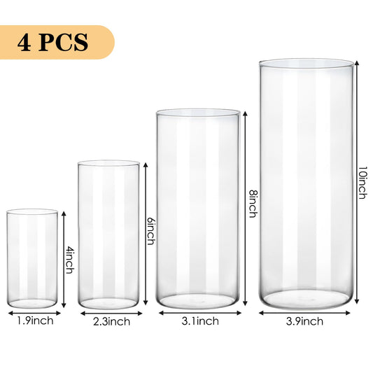 Set of four clear glass vases with measurements on a white background