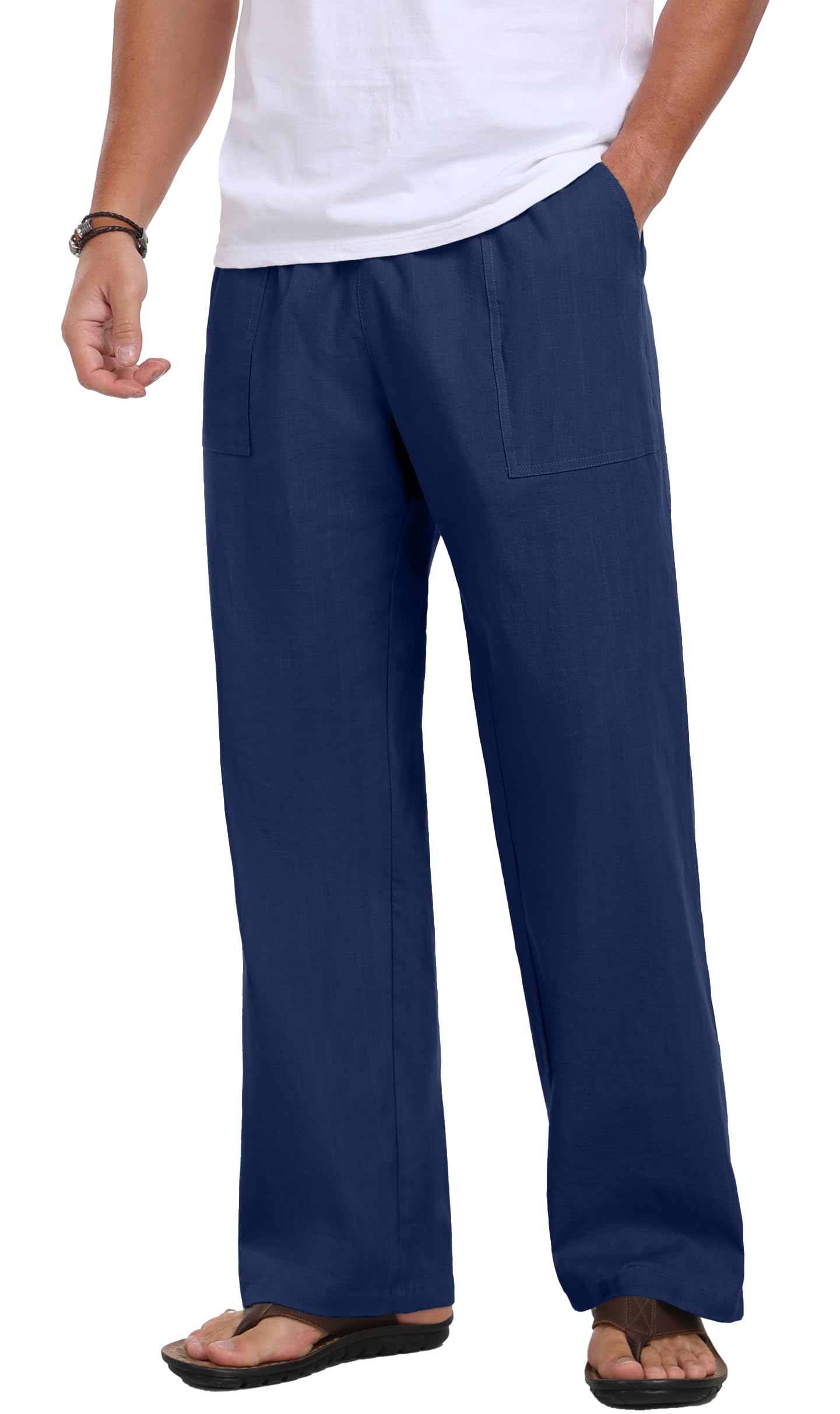 Sailwind Men's Casual Linen Pants Beach Summer Elastic Waist Drawstring Pants Lightweight Linen Trousers White