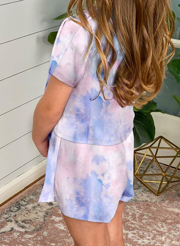 Dokotoo Girls Summer Cute T-Shirt Shorts Outfits Set Short Sleeve Tops Tee Clothes Crew Neck Tie Dye Stretchy Drawstring Waist Shorts with Side Pockets Size 8-9 Sky Blue