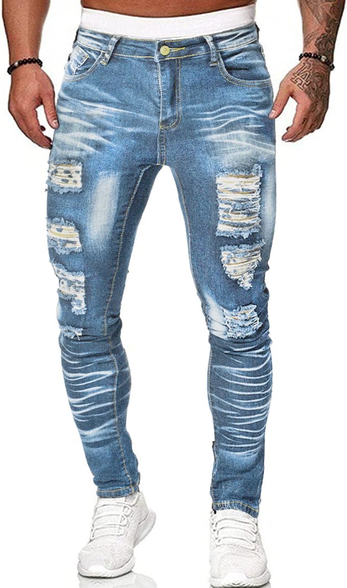 HUNGSON Men's Ripped Skinny Jeans Stretchy Slim Fit Jeans Pants for Men
