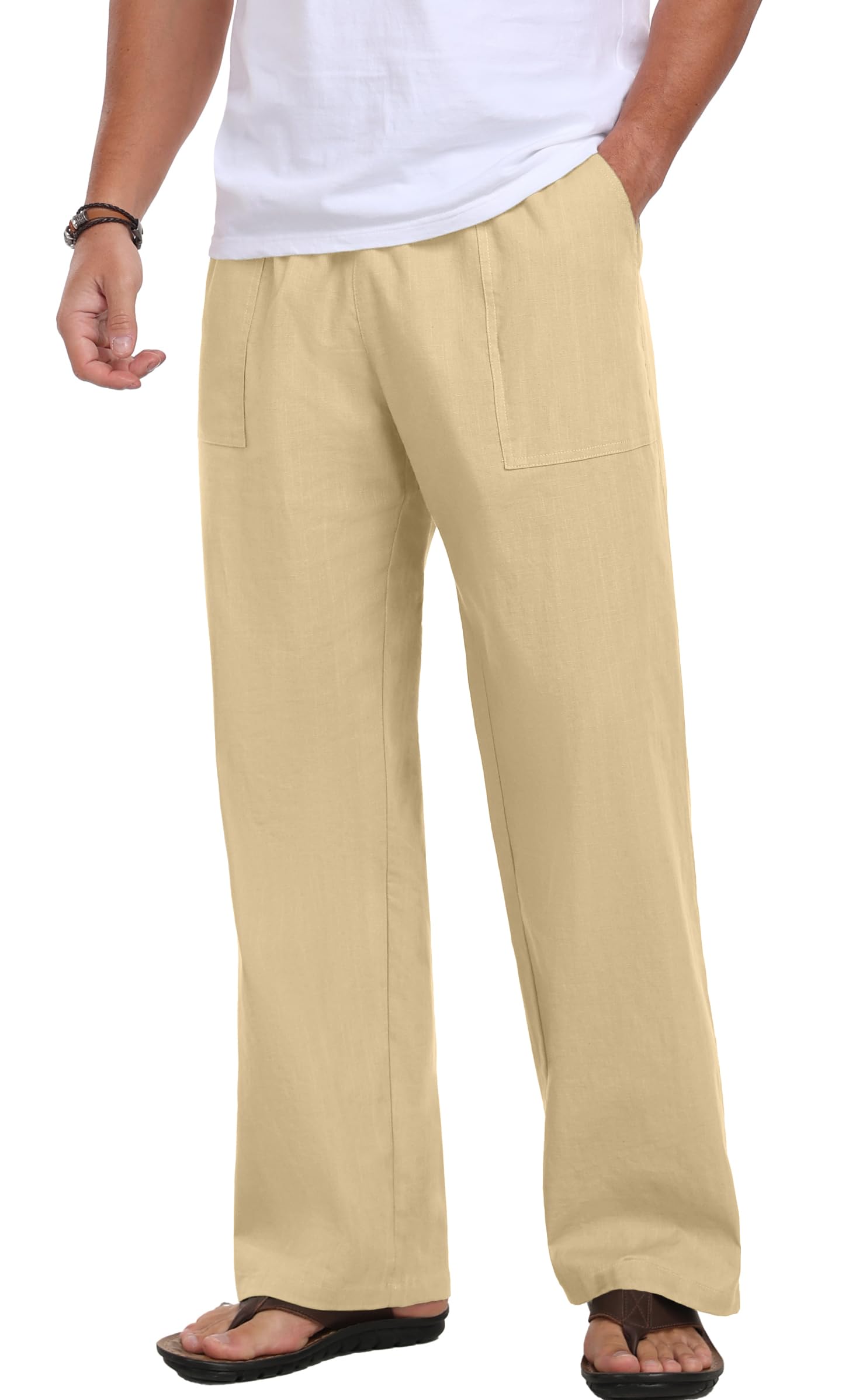 Sailwind Men's Casual Linen Pants Beach Summer Elastic Waist Drawstring Pants Lightweight Linen Trousers White