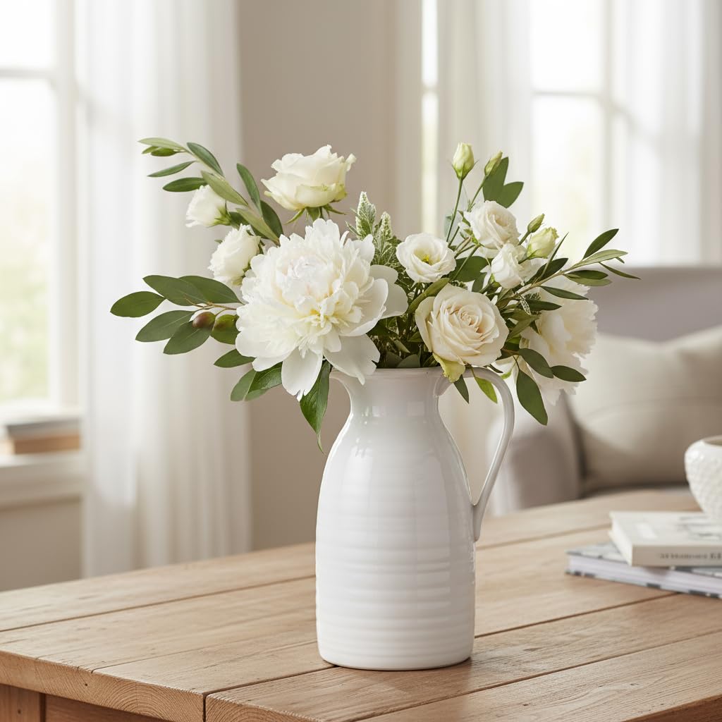 White vase with flowers on a wooden table in a bright room
