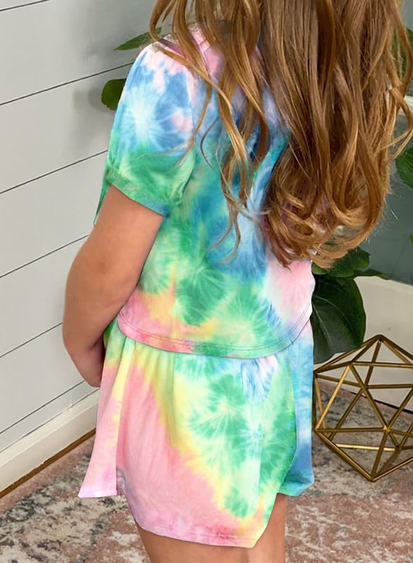 Dokotoo Girls Summer Cute T-Shirt Shorts Outfits Set Short Sleeve Tops Tee Clothes Crew Neck Tie Dye Stretchy Drawstring Waist Shorts with Side Pockets Size 8-9 Sky Blue