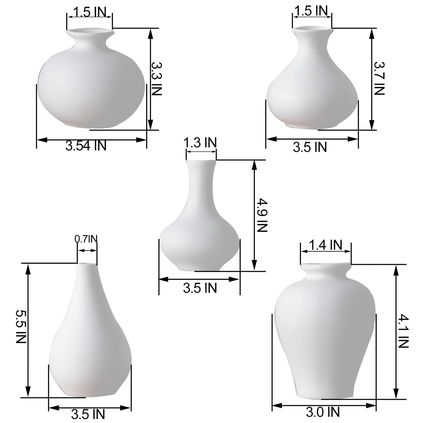White vases with dimensions labeled on a white background