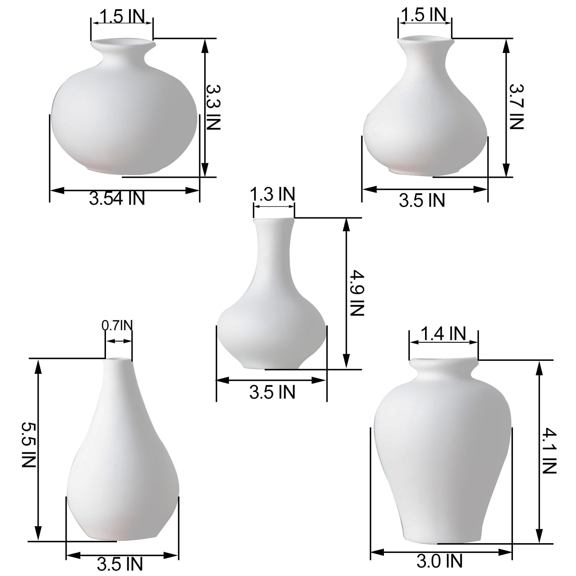 White vases with dimensions labeled on a white background