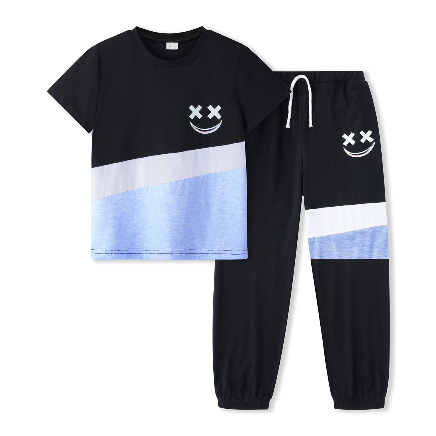 Black and blue outfit with smiley face design on a white background