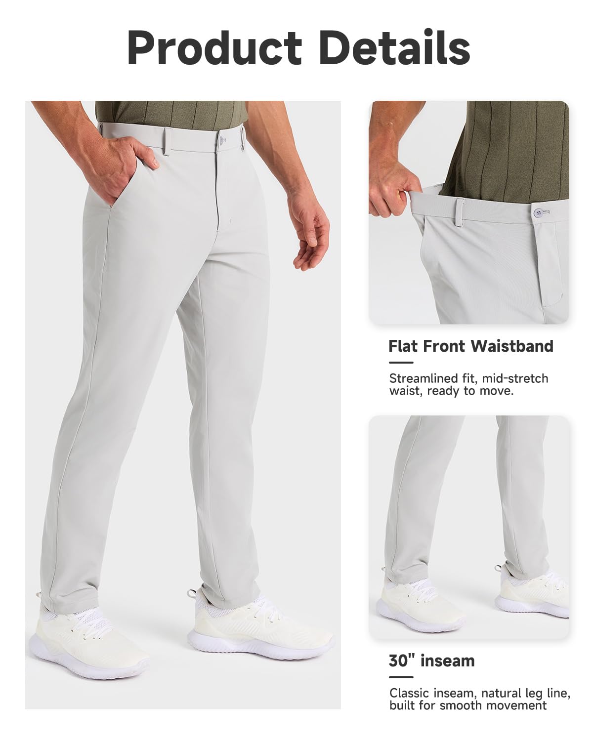 SNOWTEN Mens Golf Pants Classic Fit Stretch Work Dress Pants 30" Quick Dry Lightweight Casual Comfy Pants with Pockets Black 35w × 30L