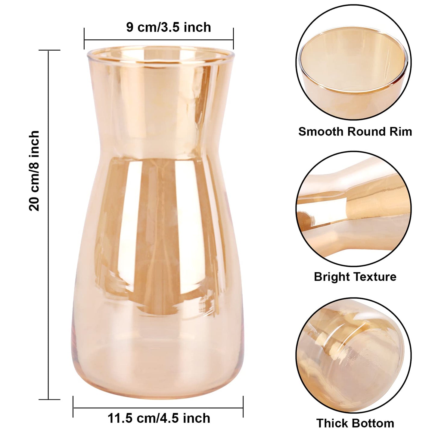 Gold carafe with dimensions and close-up details on a white background