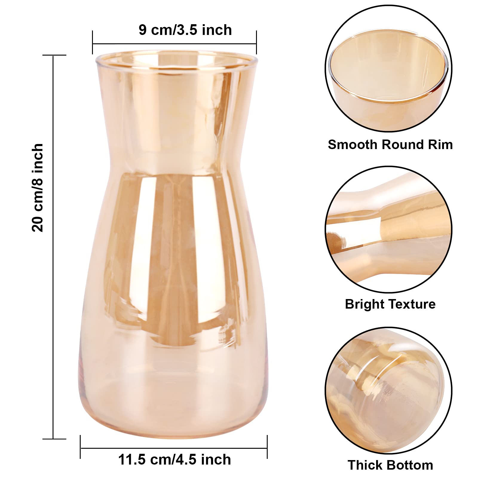 Gold carafe with dimensions and close-up details on a white background