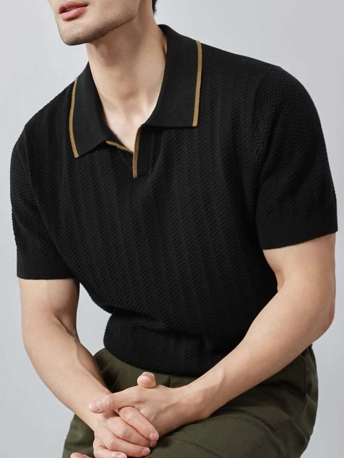 Men's Plus Size Textured Contrast Trim Short Sleeve Polo