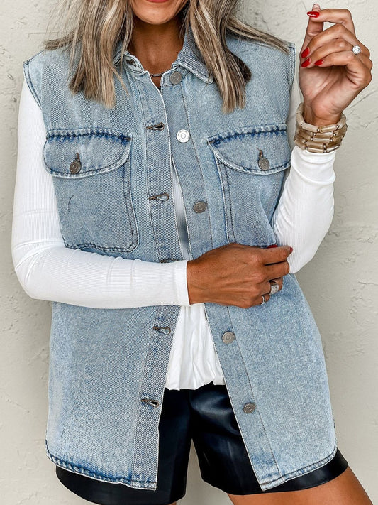 Collared Neck Button Up Denim Vest