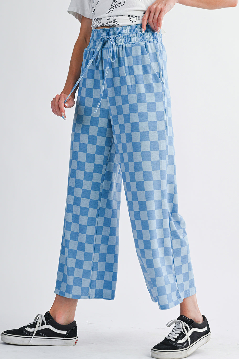 Sky Blue Tie Elastic Waist Checkered Loose Pants