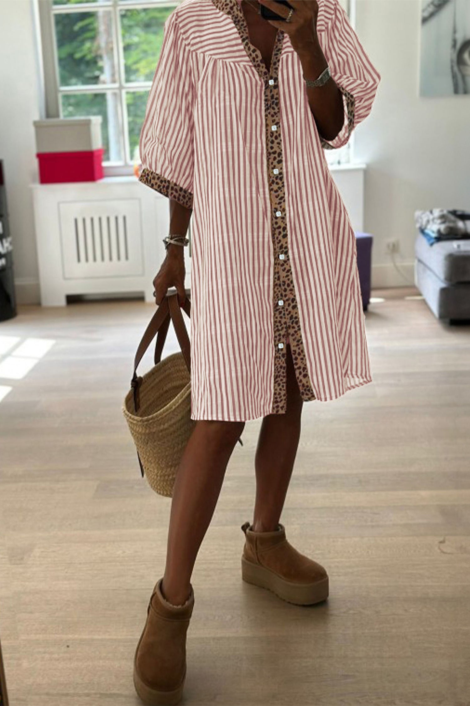 Khaki Stripe Square Button Leopard Trim Loose Bracelet Sleeve Shirt Dress