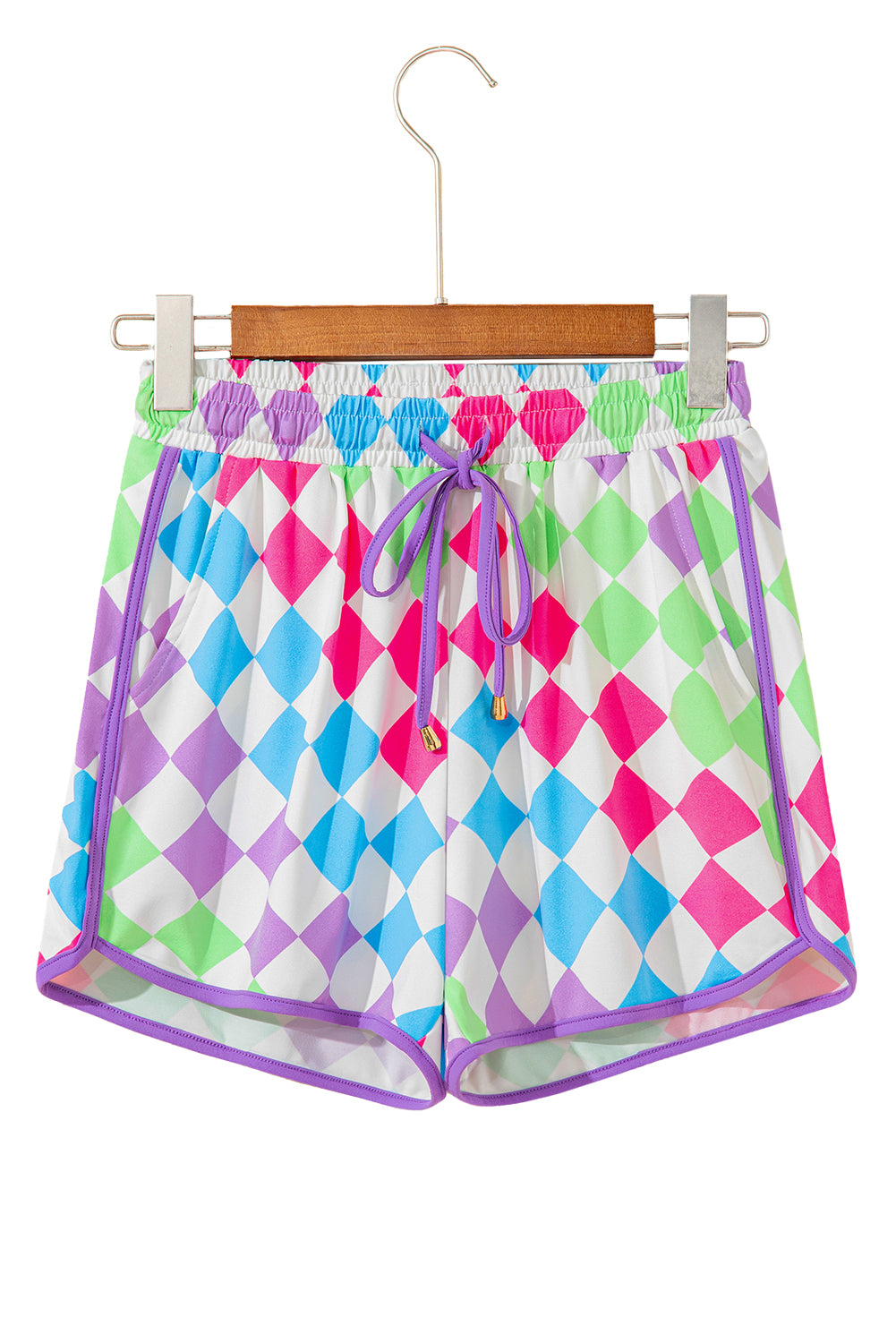 Black Checkered Drawstring Elastic Waist Casual Shorts