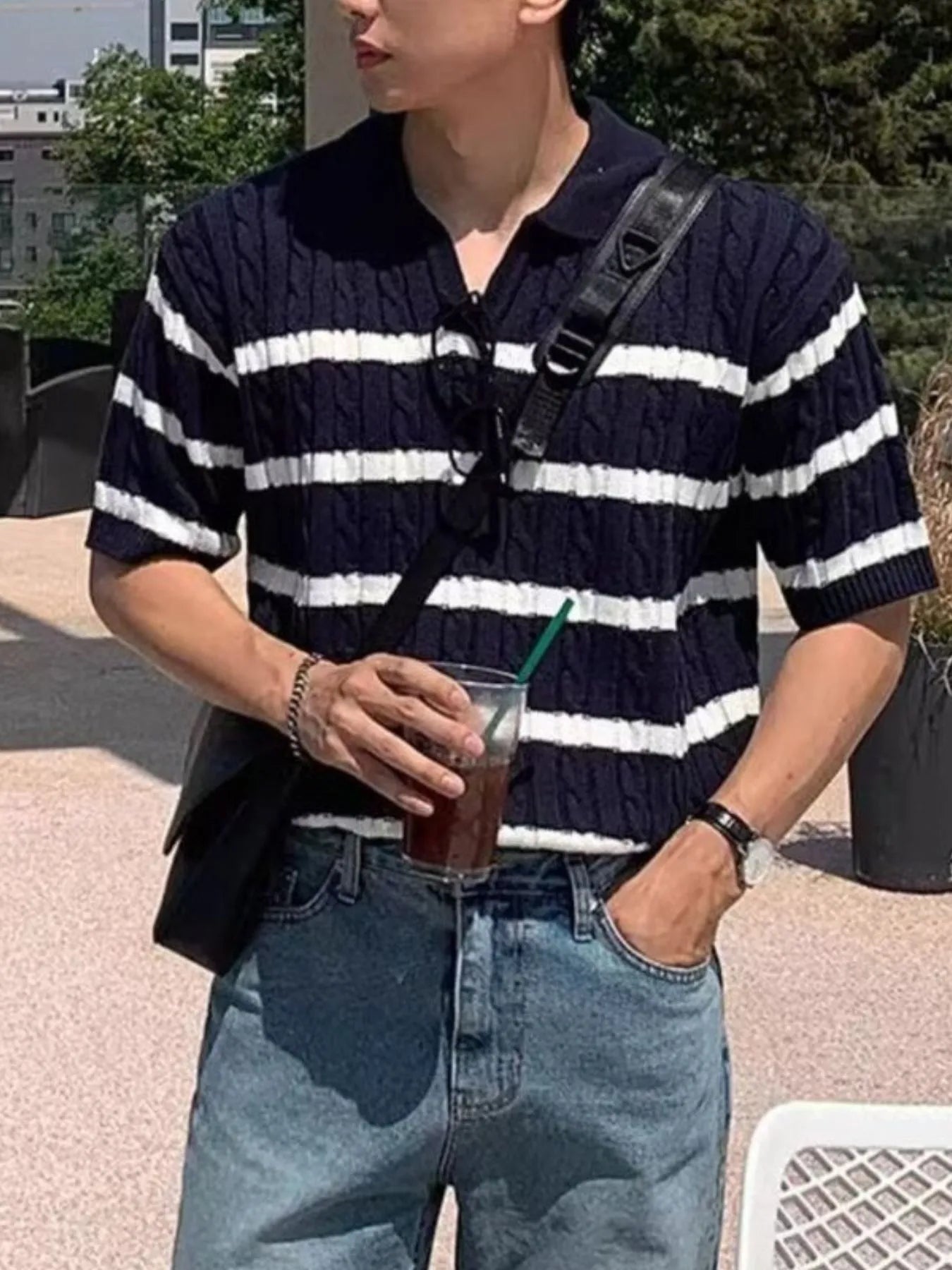 Men's Full Size Striped Short Sleeve Polo Plus Size