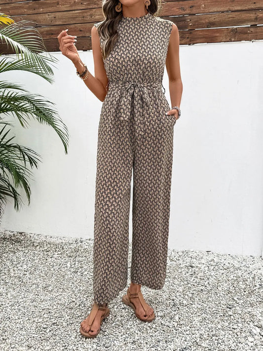 Printed Mock Neck Sleeveless Jumpsuit
