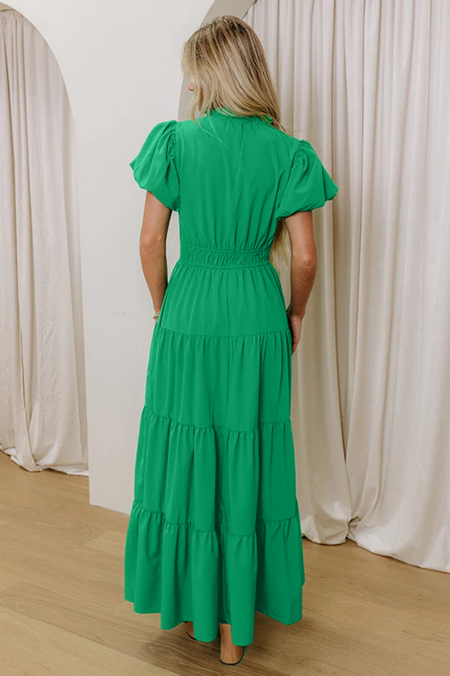 Lavendula Solid Color V Neck Short Puff Sleeve High Waist Tiered Maxi Dress