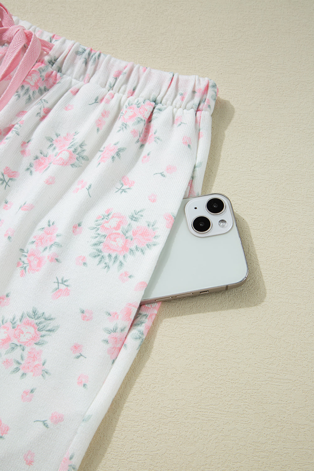 Pink Floral Print Lettuce Trim Tee and Shorts Pajama Set 