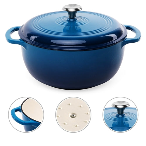 6 Quart Large Blue Enamel Cast-Iron Dutch Oven Kitchen Cookware