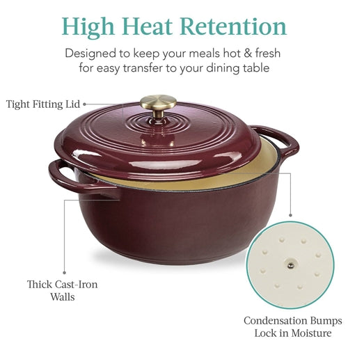 6 Quart Large Maroon Cabernet Red Enamel Cast-Iron Dutch Oven Kitchen Cookware