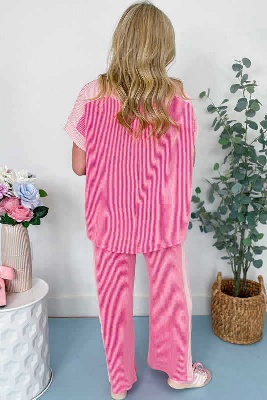 Sachet Pink Colorblock Patchwork Corded Pants Set